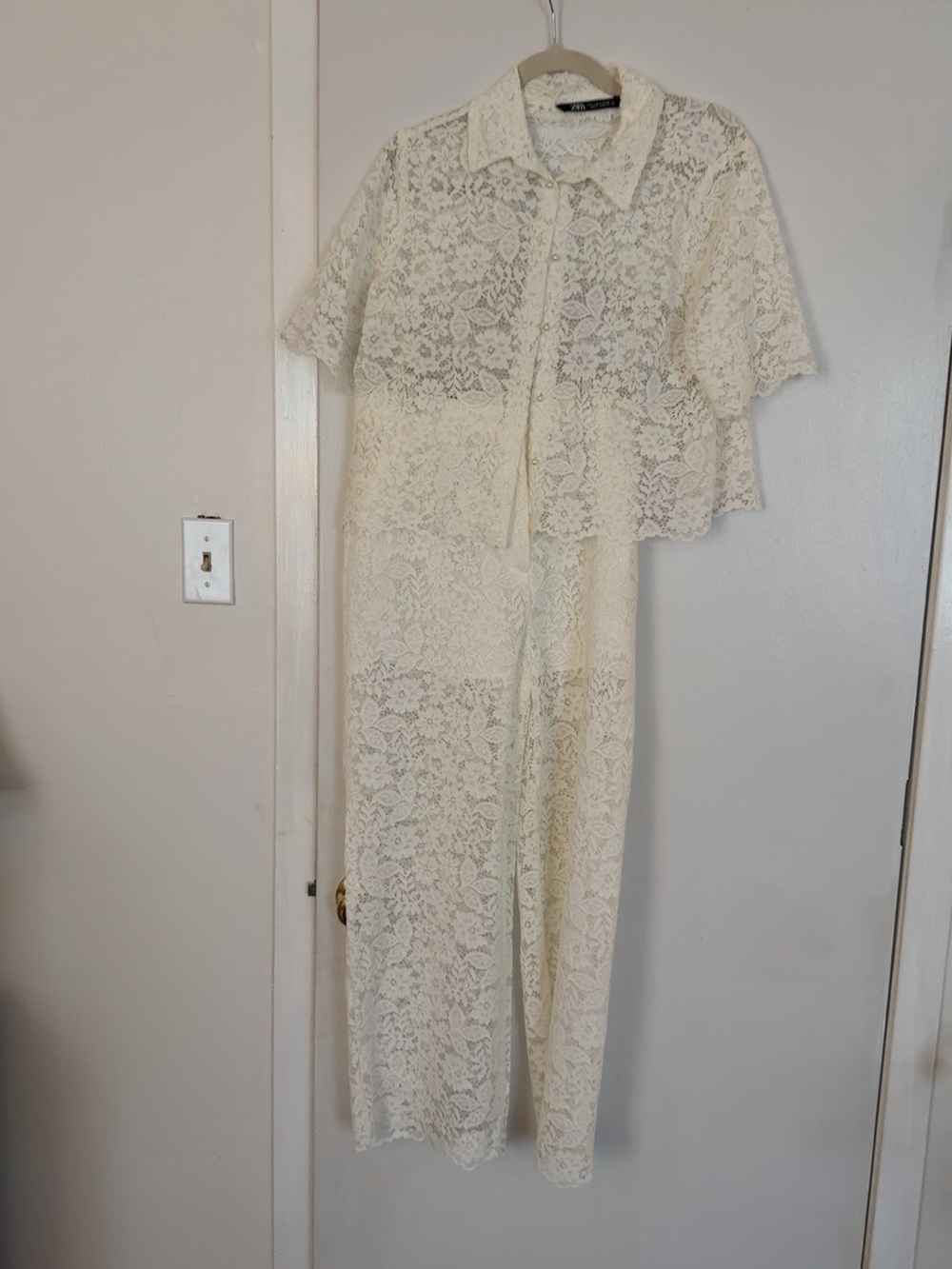 Zara Ivory Lace Two Piece Shirt & Wide Leg Pants Set